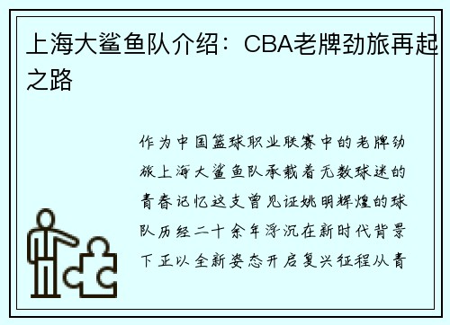 上海大鲨鱼队介绍：CBA老牌劲旅再起之路